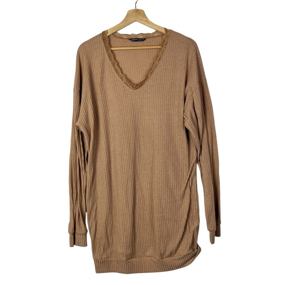 Shein Light Brown Ribbed Lace Scoop Neck Long Sleeve Top L - Picture 1 of 4